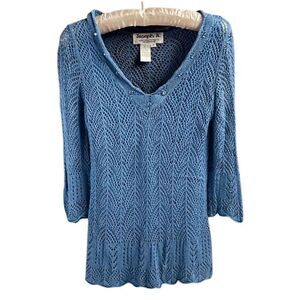 Joseph A Ladies Open Knit Sweater Sz Medium Blue W/Silver Threads Built in Camis